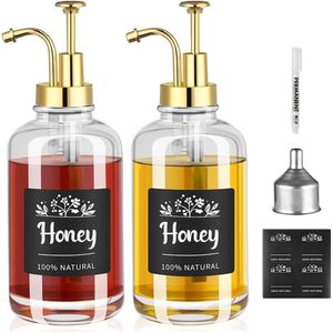 2 stuks siroop dispenser, glas, koffiesiroopset (500 ml), siroop siroop pompdispenser voor keukens, cafés, bars en wasruimtes, met 8 blanco etiketterbladen en 1 trechter van roestvrij staal