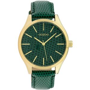 OOZOO Timepieces - Goudkleurige horloge met donker groene leren band - C10432