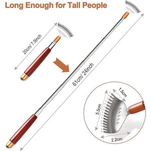 Back Scratcher for Men and Women Extendable with Massage Roller Wooden Handle Long 61 cm Rake Steel Claw Face Head Scalp Foot Scraper Sturdy Manual Massager