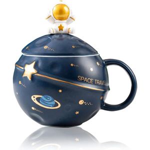 Astronaut mok Planeet mok met ruimte-reliëf Leuke keramische koffiemok Nieuwigheid mok met deksel en lepel voor koffie, thee en melk Grappig verjaardagscadeau (donkerblauw)