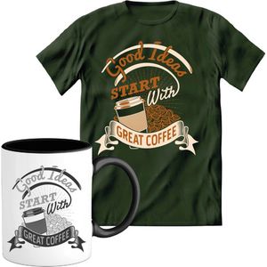 T-Shirtknaller T-Shirt met Koffiemok | Good Ideas Start With Coffee - Koffie Kleding | Heren / Dames Shirt met Mok Cadeau | Kleur groen | Maat S