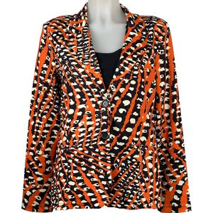 Angelle Milan - Oranje-Zwarte print blazer voor Dames - Travelstof - Comfort - Strijkvrij - Duurzaam - Maat L - In 5 maten!