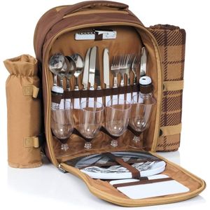 Picknickrugzak voor 4 personen (bruin) | Picknickset 32-delig | incl. flessenhouder en fleece deken, groot koelvak, servies en bestek