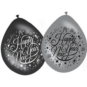 Happy New Year ballonnen zwart/zilver 8 stuks