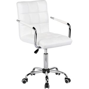 Bureaustoel, ergonomische bureaustoel, draaistoel, werkkruk met wielen, armleuning, managersstoel, in hoogte verstelbaar, van kunstleer, wit