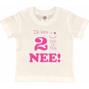 T-shirt Kinderen ""Ik ben 2 dus ik zeg NEE!"" | korte mouw | Wit/roze | maat 98/104