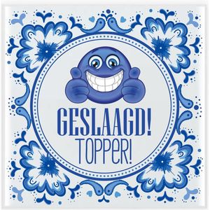 Bellatio Decorations Geslaagd cadeau tegel - geslaagd! topper! - delfts blauw - keramiek - 15 cm - afgestudeerd