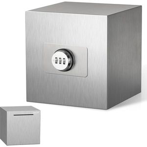 Wachtwoord spaarvarken roestvrij staal herbruikbaar volwassen metalen spaarpot met slot - 15 cm zilver spaarpot volwassenen