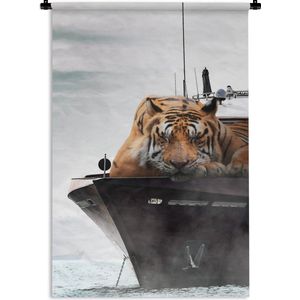 Wandkleed - Wanddoek - Tijger - Boot - Zee - 60x90 cm - Wandtapijt