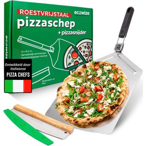 Ecowize Pizzaschep voor BBQ en Oven - RVS Pizzaspatel Vierkant 30cm met Inklapbaar Handvat - Met Extra Professionele Pizzasnijder