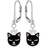 Oorbellen meisje | Zilveren kinderoorbellen | Zilveren oorhangers met hanger, zwarte kattenkop met glitterkroon