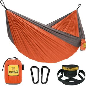 Hangmat, outdoor hangmat voor 1 persoon, ultralichte reishangmat, belastbaar tot 180 kg, campingaccessoires, incl. ophanging en karabijnhaak, oranje en grijs