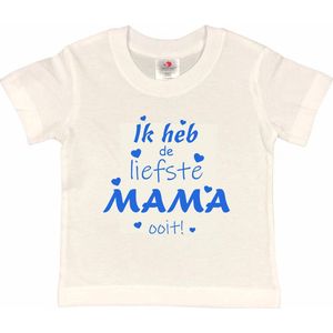 T-shirt Kinderen ""Ik heb de liefste mama ooit!"" Moederdag | korte mouw | Wit/blauw | maat 134/140