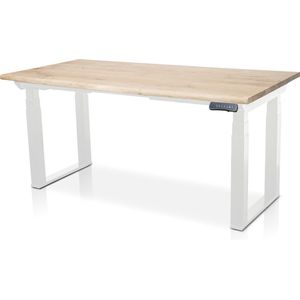 Zit-sta bureau met massief eiken boomstam blad 180 x 90 cm - MRC PRO Solid NEN-EN 527 - elektrisch verstelbaar - frame wit - 125 cm hoog - 200KG draagvermogen