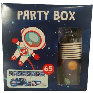 Party box Ruimte - Blauw - Feest set - 65 Stuks - Slinger - Bekers - Bordjes - Rietjes - Feestje - Kinderfeest - Servetten - Roltongen - Feesthoedjes