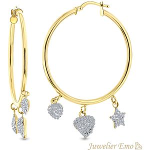 Juwelier Emo - 14 Karaat Gouden Kinderoorbellen meisje met Hartbedels & Zirkonia’s – 30 mm