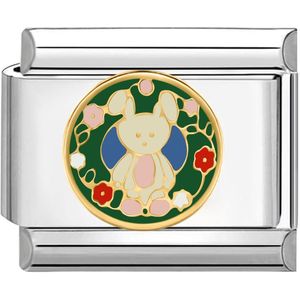 Quiges - Schakel - Bedel - 9mm - charms - Schattige konijn met bloemen - Geschikt voor - Nomination- armband - Schakelarmband - italy bedels armband