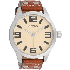 OOZOO Timepieces - Zilverkleurige horloge met cognac leren band - C1002