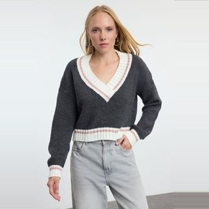 Trendyol Marineblauwe Cropped College-Thema Gebreide Trui Twoaw22Kz1492