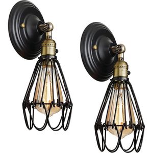 Wandlamp set van 2 industrieel - Kooi - Draaibaar - Zwart - Goud - Ijzer - Vintage - Retro - e27