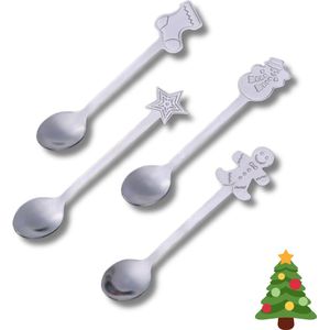 Kerst Lepeltjes - Set van 4 Koffielepels/Theelepels - RVS zilver - Kerst bestek tafeldecoratie