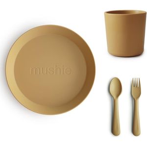 Mushie Serviesset |Set bord+beker+Vork en Lepel|4-delig|Oker geel|Kinderservies|BIBS|Bestek|Bord|Beker|Cup|