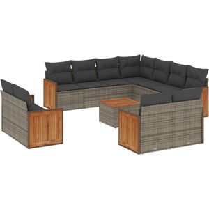The Living Store 12-delige Loungeset met kussens poly rattan grijs - Loungeset - Tuinbank - Lounge Set - Buitendecoratie - Tuinmeubels