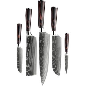Shinrai Japan - Messenset - 5 delig - Koksmes - Japanse Messen - Mes - Damascus Print - Met Luxe geschenkdoos