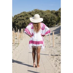 Strandjurk | One Size | Sarong-dress | Tuniek | Beach-dress | Sauna | Strandmode | Fashion | Wit | Roze