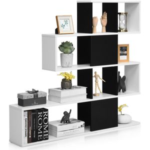 COSTWAY Ladder Boekenkast met 5 Planken en Deuren, Decoratieve Houten Planken voor Woonkamer en Kantoor (Zwart & Wit)