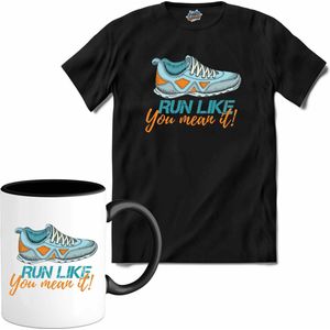 Run Like You Mean It | Hardlopen - Rennen - Sporten - T-Shirt met mok - Unisex - Zwart - Maat L