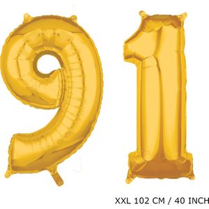 Mega grote XXL gouden folie ballon cijfer 91 jaar. Leeftijd verjaardag 91 jaar. 102 cm 40 inch. Met rietje om ballonnen mee op te blazen.
