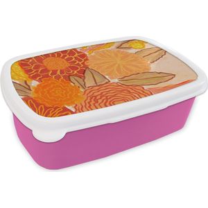 Broodtrommel Roze - Lunchbox - Brooddoos - Vintage - Boeket - Bloemen - Geel - Kleuren - 18x12x6 cm - Kinderen - Meisje