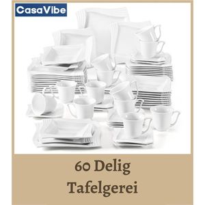 CasaVibe Serviesset – 60 delig – 12 persoons – Keramiek - Luxe – Bordenset – Dinnerborden – Dessertborden - Wit