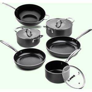 ISENVI Victoria Forged Compleet Pannenset 6 delig - RVS grepen - Antraciet - Keramisch - 100% PFAS, PTFE en PFOA vrij - 100% duurzaam - Unieke Antiaanbaklaag - Non-stick bodem - Geschikt voor alle warmtebronnen inclusief inductie