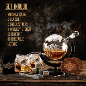 whisky lux Whisky Karaf Set – 900 ml – Wereldbol – Whiskey Decanter - Geschenk voor Mannen - 4 Whiskey Stenen
