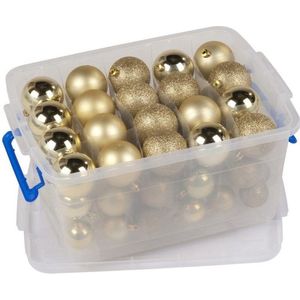 Opbergbox/bewaarbox met 70 gouden kunststof kerstballen - Kerstboomversiering goud