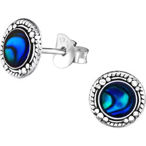 Joy|S - Zilveren Bali oorbellen - 8 mm - oorknoppen - abalone donker blauw (schelp) - geoxideerd