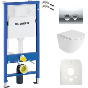 Inbouwreservoir Complete Toiletset Geberit Duofix Basic - Inbouw WC Hangtoilet Wandcloset SOFI ONE Wit Hoogglans Randloos - Bedieningsplaat DELTA 25 Chroom Rund - Voorwandelement - Installatiesysteem
