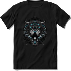 Tijger - Dieren Mandala T-Shirt | Lichtblauw | Grappig Verjaardag Zentangle Dierenkop Cadeau Shirt | Dames - Heren - Unisex | Wildlife Tshirt Kleding Kado | - Zwart - M