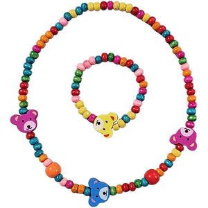 Fako Bijoux® - Kinderketting en Armband - Hout - Beertjes