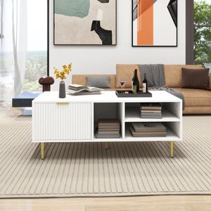 Elegante witte salontafel met gouden rand, één lade, 3 vakken voor open opbergruimte, - voeg stijl toe aan uw woonkamer, vierkante salontafel, elegante lichte luxe