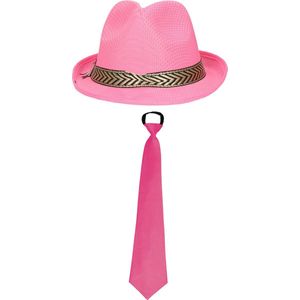 Toppers - Carnaval verkleedset Pinkman - hoed en party stropdas - roze - heren/dames - verkleedkleding accessoires