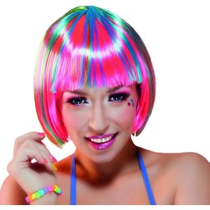 Pruik Pebbles kleurrijk kunsthaar bob kapsel neonkleuren disco regenboog kostuum carnaval themafeest