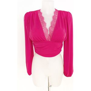 Kanten crop top - Fuchsia roze - Lace top met kant - Voorgevormde cups - V-hals - Korte festival top - One-size - Een maat