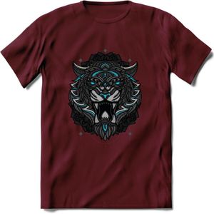 Tijger - Dieren Mandala T-Shirt | Lichtblauw | Grappig Verjaardag Zentangle Dierenkop Cadeau Shirt | Dames - Heren - Unisex | Wildlife Tshirt Kleding Kado | - Burgundy - L