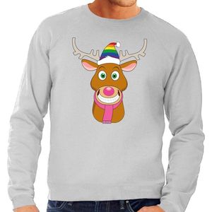 Foute kersttrui / sweater Gay Ruldolf met regenboog muts en roze sjaal grijs voor heren - Kersttruien S
