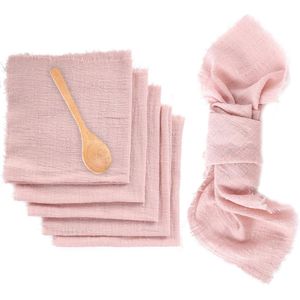 Set van 6 stoffen servetten, stoffen servetten, roze katoenen servetten met franjes, 42 x 42 cm, voor diner, café, restaurant