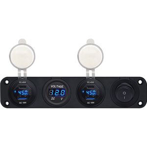ProRide 12V USB Autolader 4 Poorten - 45W/QC3.0 - Voltmeter en Schakelaar - Viervoudig inbouw paneel