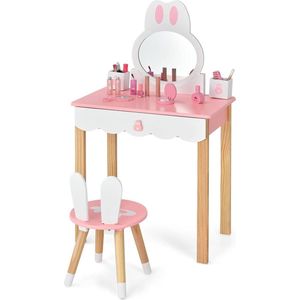 Make-uptafel voor kinderen, met kruk, prinsessen-make-uptafel, kaptafel met spiegel, laden en opbergdoos, make-uptafel, kaptafel voor meisjes en kinderen (roze)